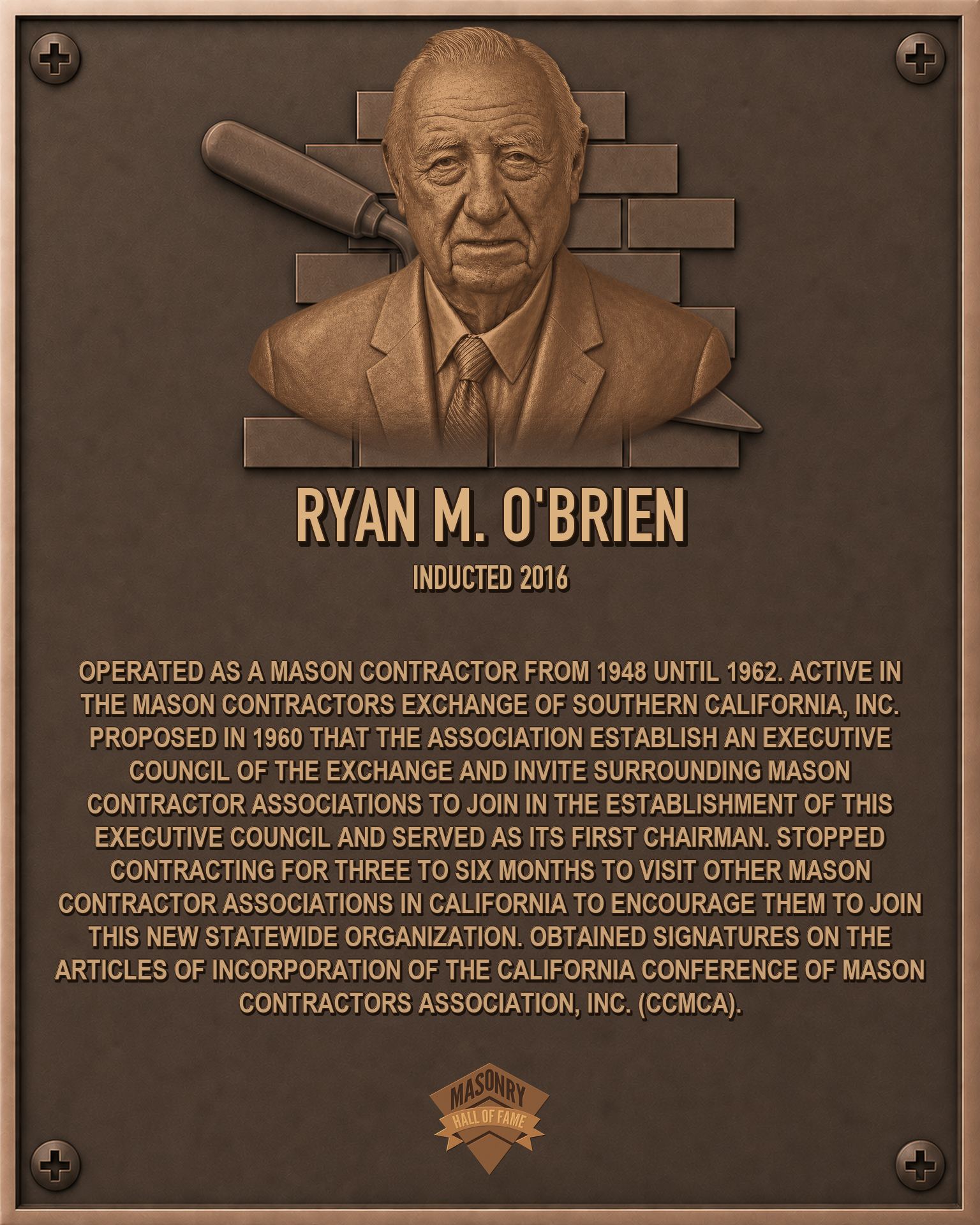 Ryan O'Brien - 2016 Masonry Hall of Fame inductee