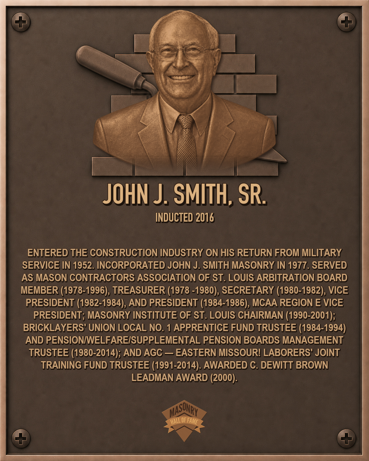 John Smith Sr. - 2016 Masonry Hall of Fame inductee