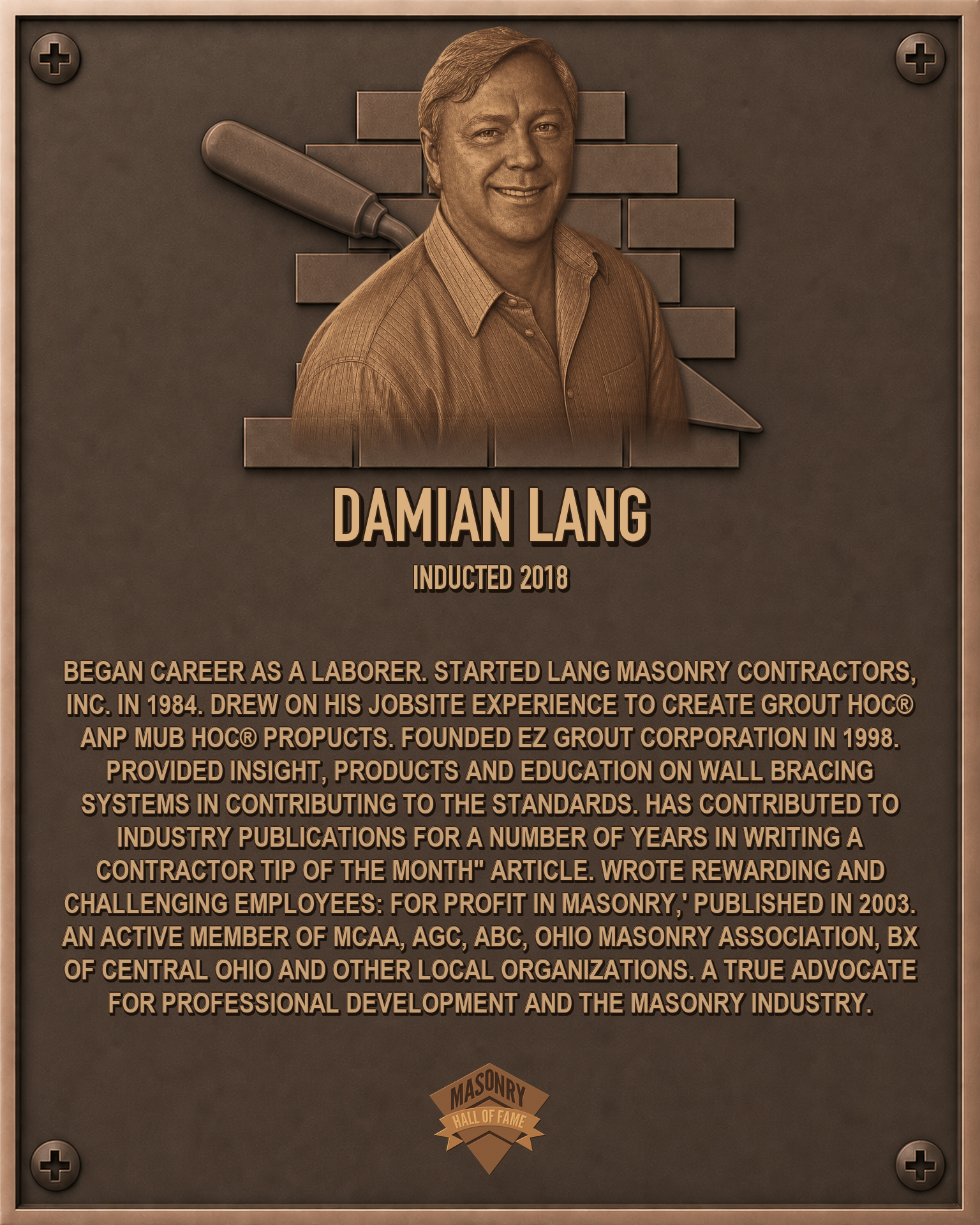 Damian Lang - 2018 Masonry Hall of Fame inductee