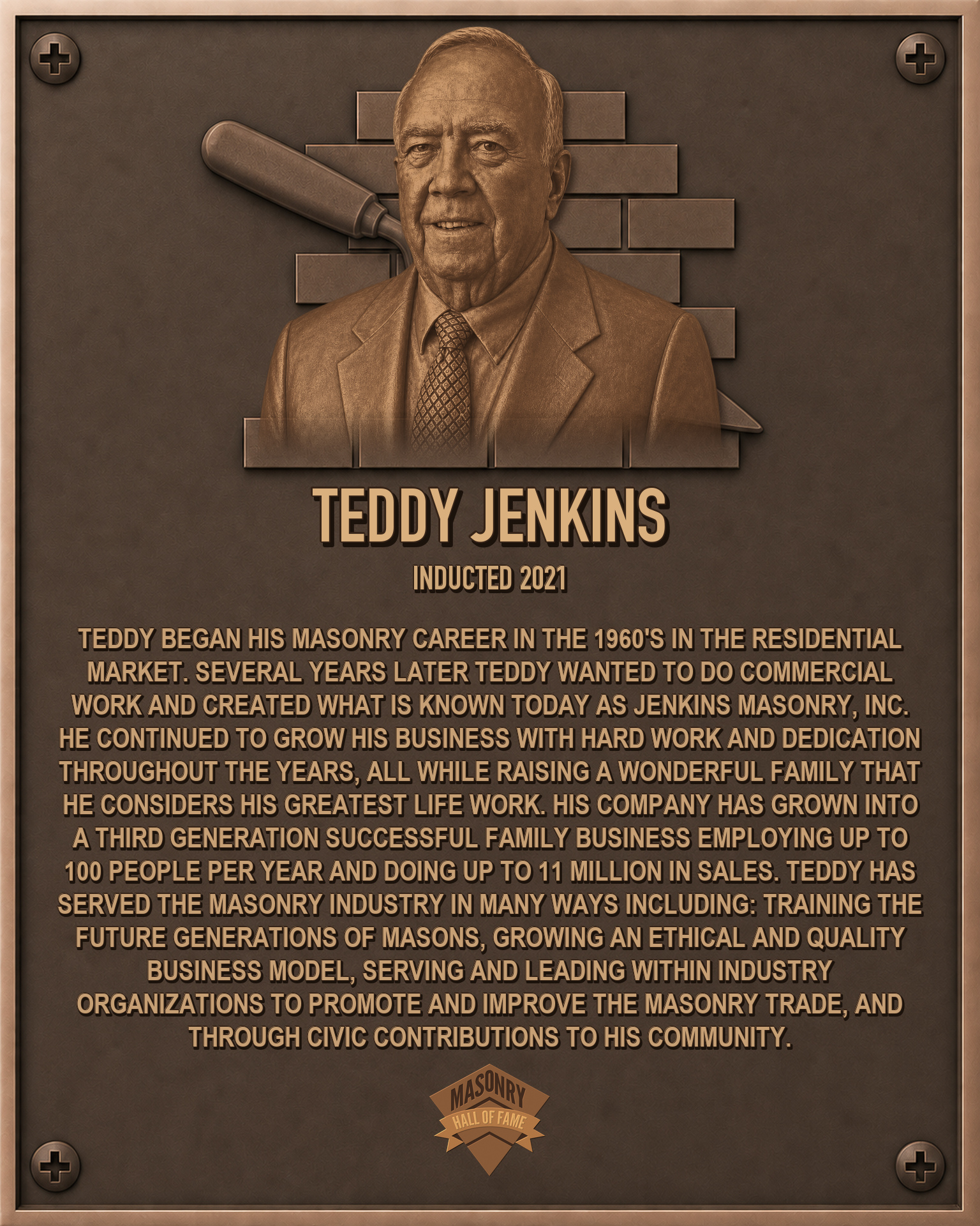 Teddy Jenkins - 2021 Masonry Hall of Fame inductee