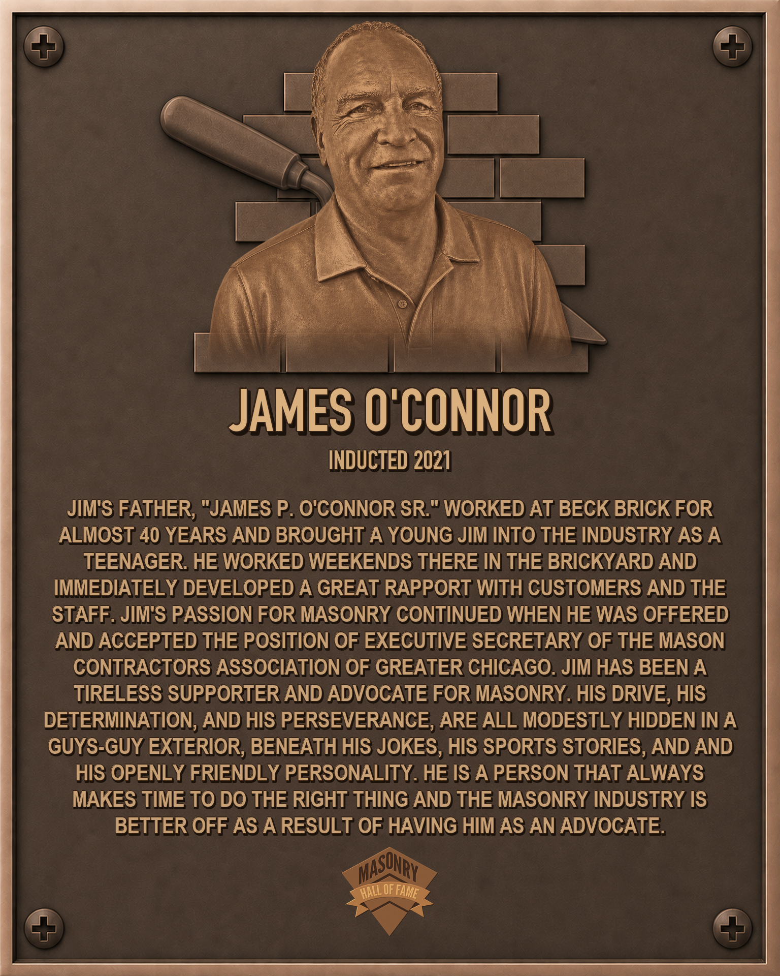Jim O'Connor - 2021 Masonry Hall of Fame inductee