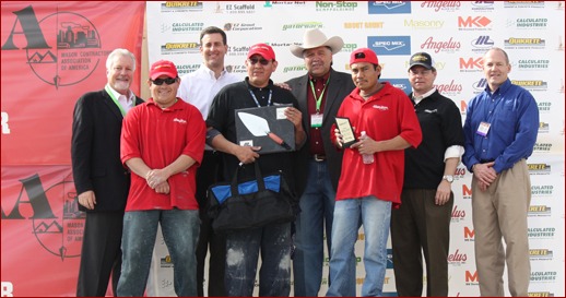 Kris Chee of Maverick Masonry Inc. in El Mirage, Ariz., won the Fastest Trowel on the Block Competition. His tenders were Enrique Esparza and Gilberto Palacios Aguero. 
