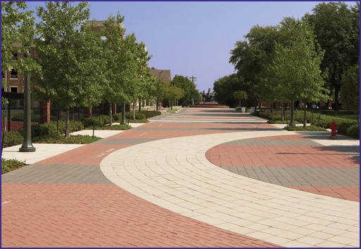 A variety of paver shapes, colors and patterning, creates visual interest along the mall.