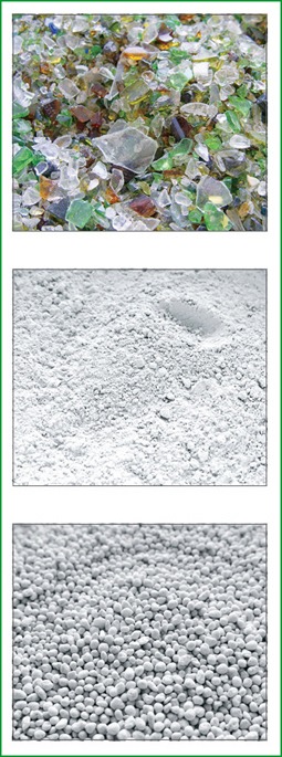 The Poraver facility takes glass shards (top), grinds them into glass flour (middle), and creates small glass pellets (bottom) that are used in place of sand as an aggregate in concrete manufacturing at Atlas Block.