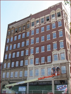 The historic masonry exterior of Dalton Apartments in Gary, Ind., gets a good cleaning with PROSOCO products as part of a restoration and rehab slated for completion by September or sooner.  Photo courtesy Midwest Pressure Washing