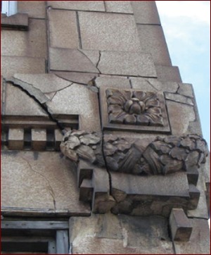 Tattered terra cotta was just one of the challenges Midwest Pressure Washing & Restoration faced in restoring the true, intended beauty of historic Dalton Apartments.  Photo courtesy Midwest Pressure Washing & Restoration