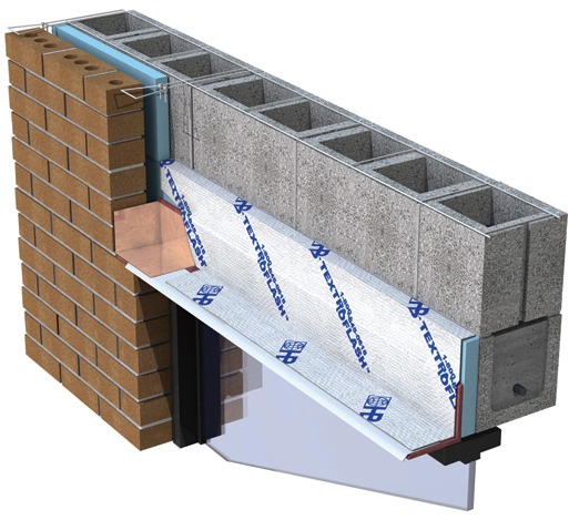 Window head with end dam (flashing should extend at least 6 inches passed the opening on both sides)