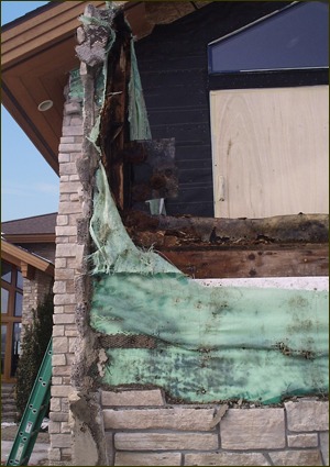 View of rotted WRB, OSB and wood products, due to entrapped moisture