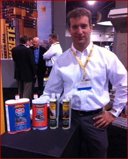 Shown is Dan Alderdice with new epoxy products from Quikrete, which debuts products each year at World of Concrete/World of Masonry.