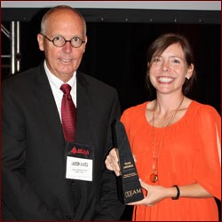Paul Odom (left) and Liz Beber (right) of P and S Masonry; LEED winner – University of Texas – Norman Hackerman Building