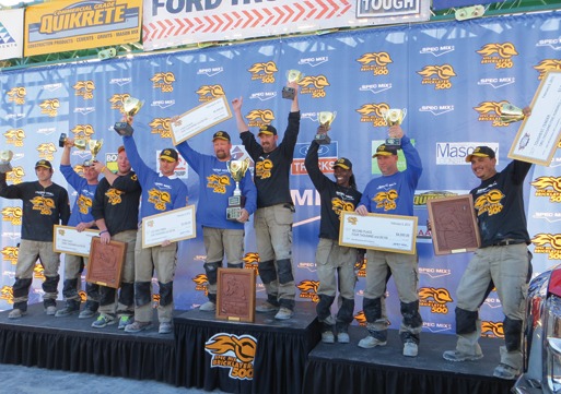 Winners show off their trophies, cash prizes and Boral Bricks plaques. From left, third place team - mason tender Andy Zepeda and mason Darian Douthit; mason tender William R. Hill III and SPEC MIX TOP CRAFTSMAN mason Steve Cleveland; first place team - mason Fred Campbell and mason tender Tony Shelton; second place team - mason tender Lynette Darby and mason Ray Robinson; and SPEC MIX TOUGHEST TENDER Adrian Tena.