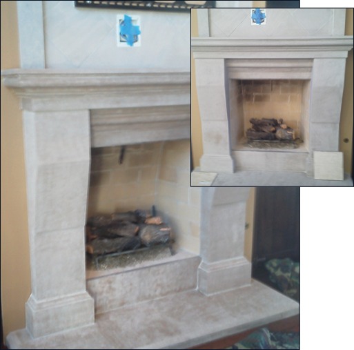 Bressler fireplace after recoloring; INSET: Before recoloring