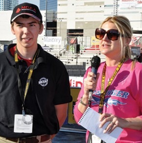 Jennifer Morrell, editor of Masonry Magazine, interviews Daniel Furr of North Carolina, first-place winner of the MCAA Masonry Skills Challenge, First Year division.