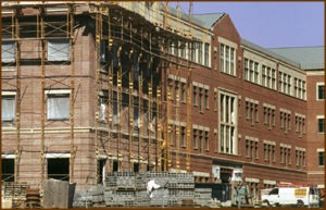 This photo of Sprint National Headquarters in Overland Park, Kan., shows why a good construction cleandown to remove excess mortar is needed before buildings are ready for clients. It's easy to tell which part of the building still has jobsite soiling and excess mortar. 