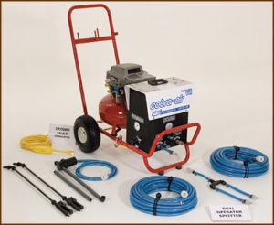 Restoration Direct's Cobra Air Sprayer System can empty a 55-gallon drum of chemicals onto a building in only 30 minutes.