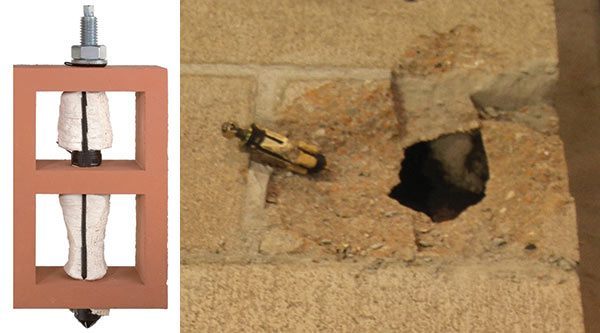 Figure 3. Hilti HIT-HY 70 installation demonstration in hollow brick (left) and near-edge tensile testing in hollow CMU (right).