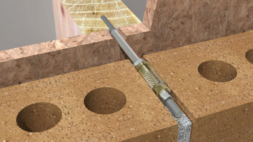 Cutaway view of a remedial expansion anchor for veneer and wood stud backup (image courtesy of Hohmann & Barnard). Cutaway view of a remedial expansion anchor for veneer and wood stud backup (image courtesy of Hohmann & Barnard).