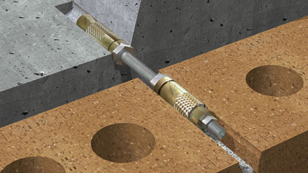 Cutaway view of a remedial expansion anchor for veneer over CMU  or concrete backup (image courtesy of Hohmann & Barnard). Cutaway view of a remedial expansion anchor for veneer over CMU  or concrete backup (image courtesy of Hohmann & Barnard).