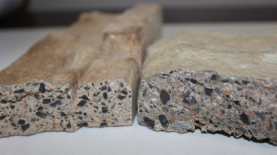 Because the aesthetic surface of the manufactured stone is so thin, it requires a very gentle cleaning process. An integrally colored stone as pictured on the left will retain a more natural look even if some of that surface is etched because it is colored in a similar palette.