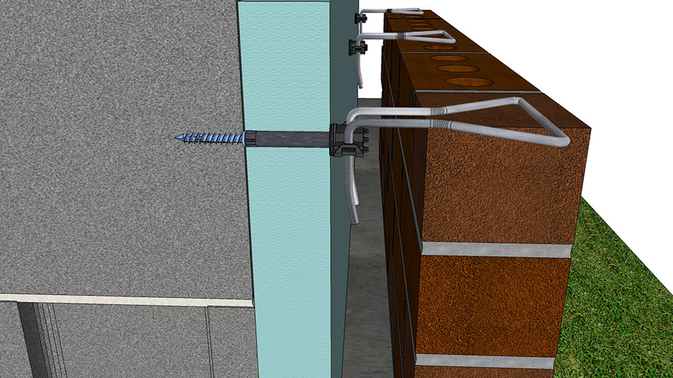 Figure 7c. Barrel Screws — 2-inch insulation with 2-inch airspace, Large diameter barrel screw goes through the 2-inch insulation, 3/16-inch diameter wire tie spans 1 3â„4 inch of the airspace