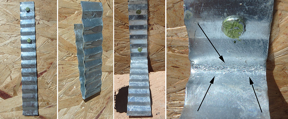 Figure 5 (from left to right): Nailed to backup; bent up 180â° to allow room for bricks; bent down 90â° when brick is installed; note cracks in the hot-dipping at the critical point of the walltie, where compression and tension loads are transferred between veneer and backup.