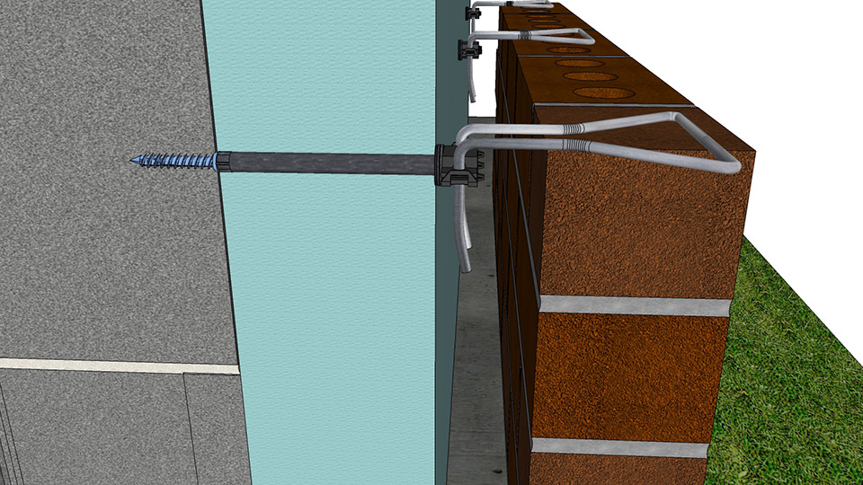 Figure 7b. Barrel Screws — 4-inch insulation with 2-inch airspace, Large diameter barrel screw goes through the 4-inch insulation, 3/16-inch diameter wire tie spans 1 3â„4 inch of the airspace, 3/16-inch diameter wire spans the entire 6-inch cavity